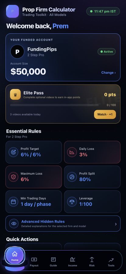 Prop Firm Calculator home screen