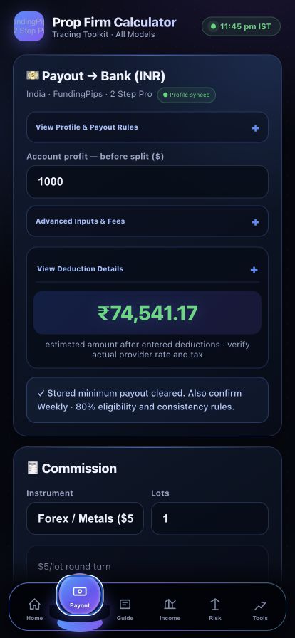 Prop Firm Calculator payout to bank INR screen