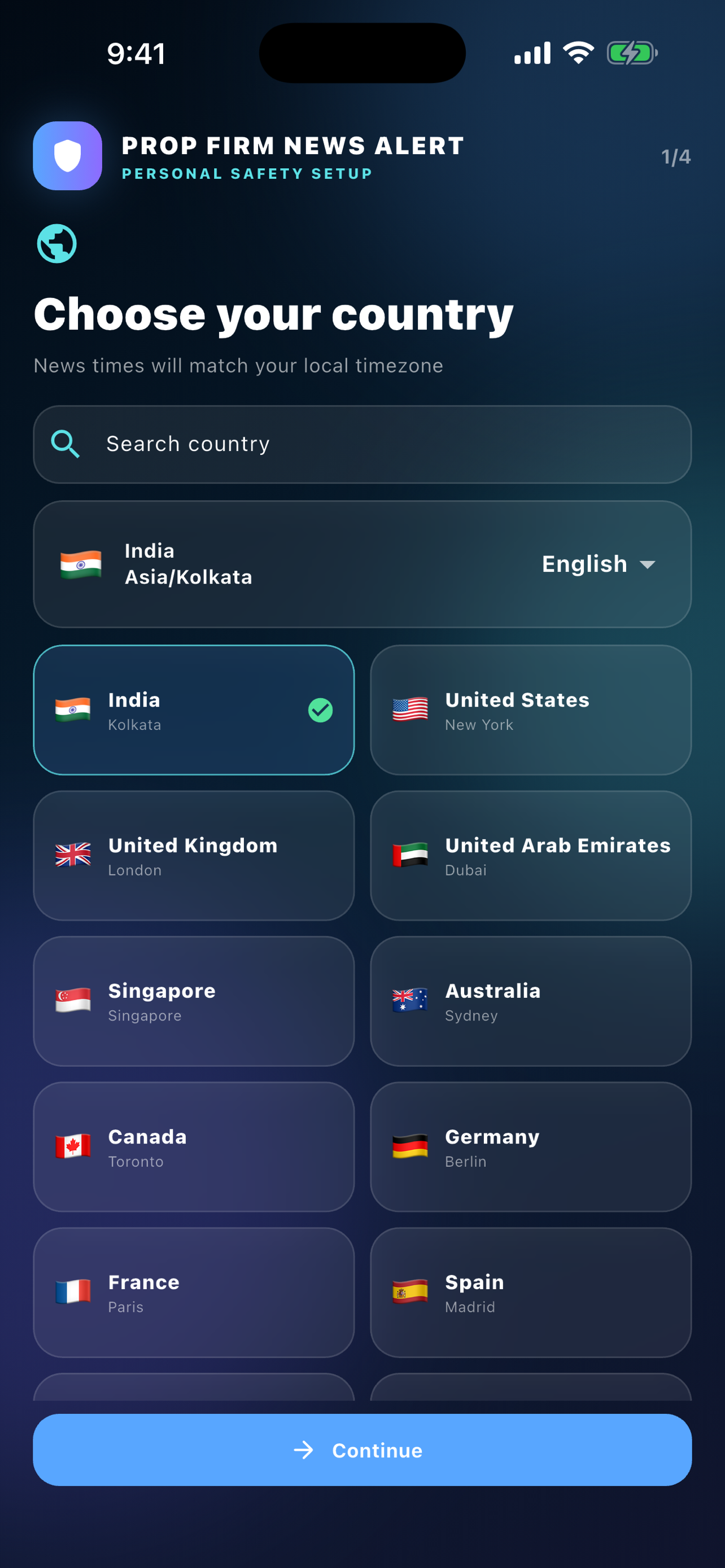 Country and timezone setup